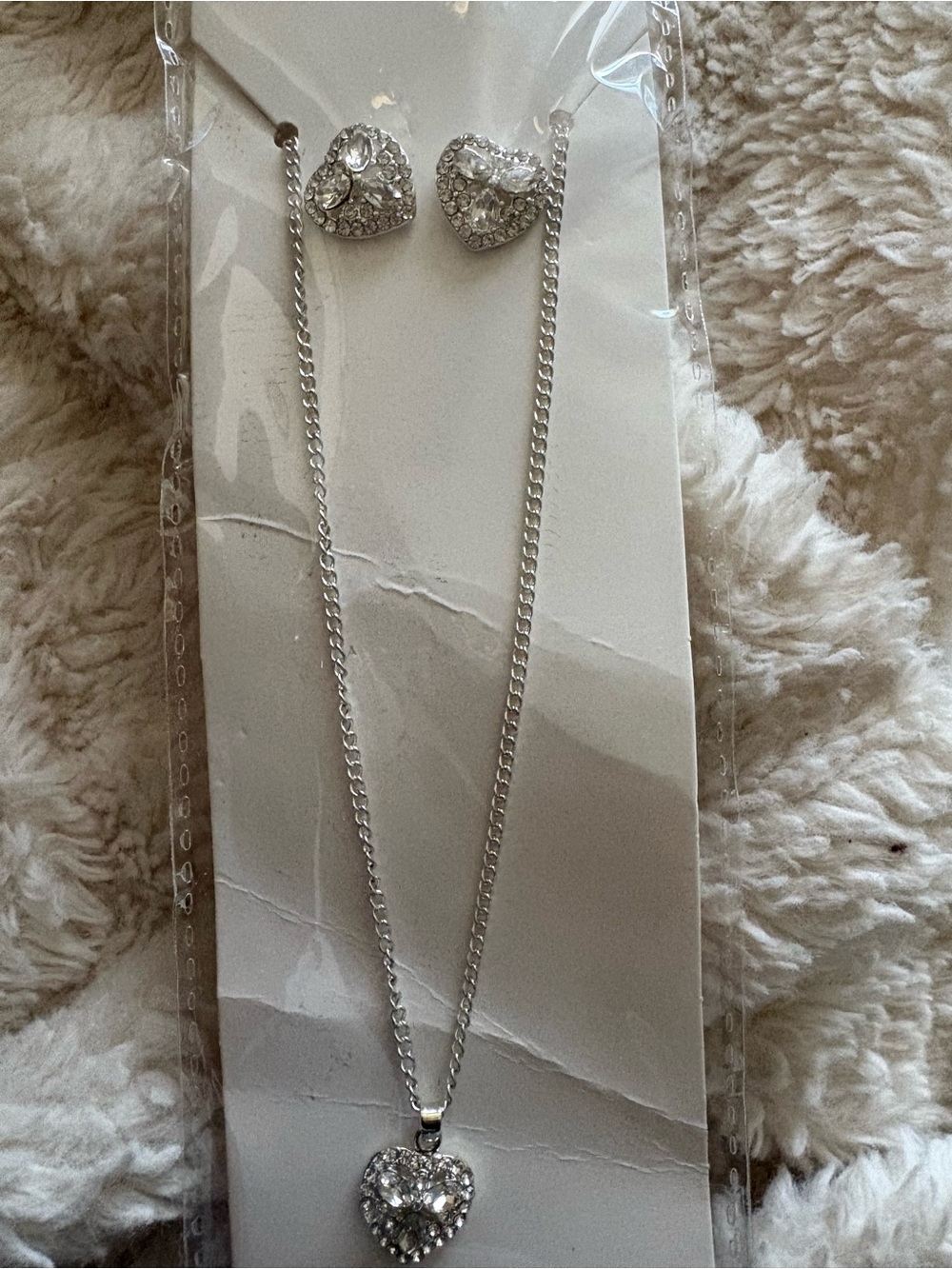 Silver Heart Crystal Necklace and Earrings Set - Silver